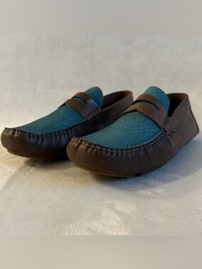 Bacco Bucci Albatros Leather Penny Loafers Tan Blue Suede